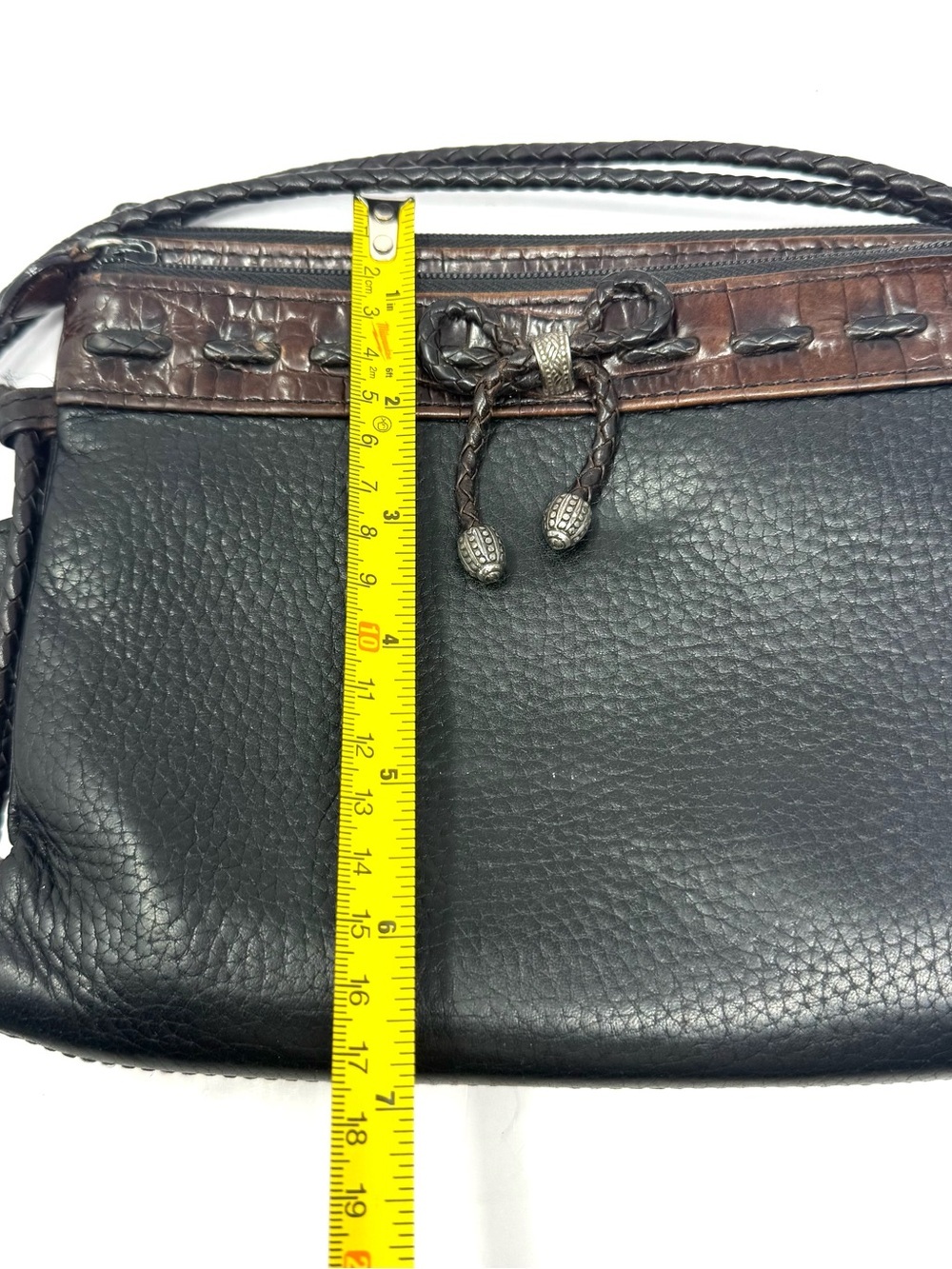 Vintage Brighton Black Brown Leather Crossbody Purse Silver Heart Charm - Picture 13 of 14